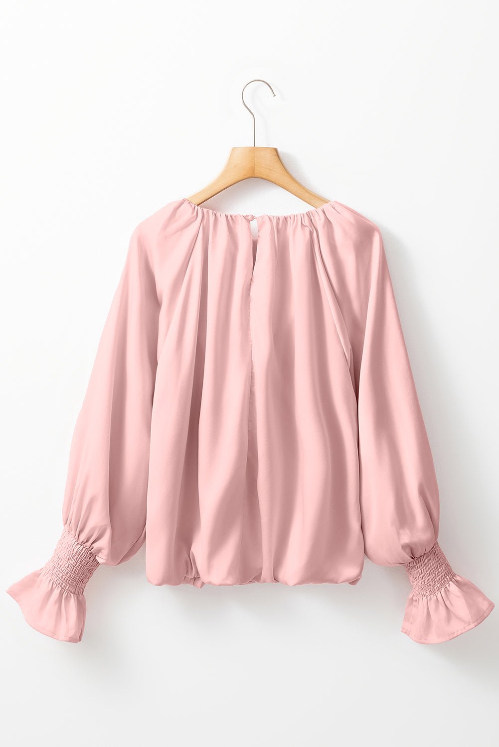 Apricot Pink Pleated Round Neck Flounce Sleeve Satin Blouse - Bitsy Gypsy Boutique