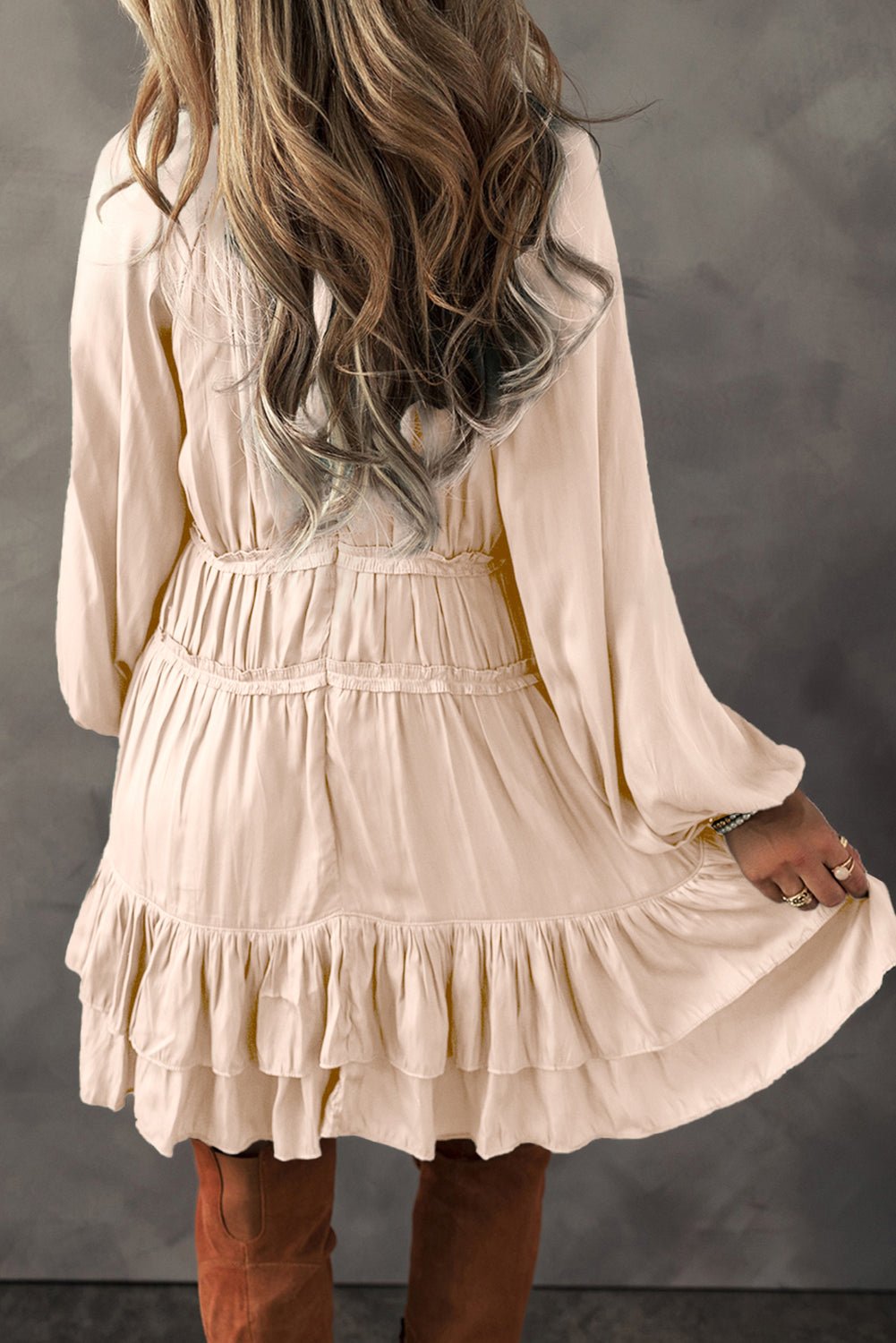 Apricot Tiered Ruffled Puff Sleeve Loose Fit Mini Dress - Bitsy Gypsy Boutique