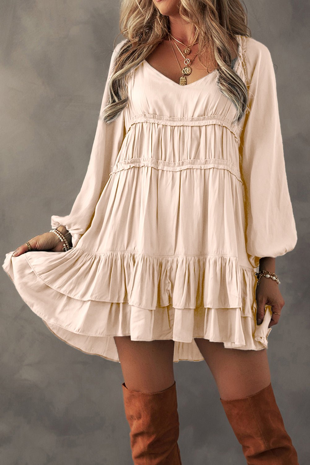 Apricot Tiered Ruffled Puff Sleeve Loose Fit Mini Dress - Bitsy Gypsy Boutique