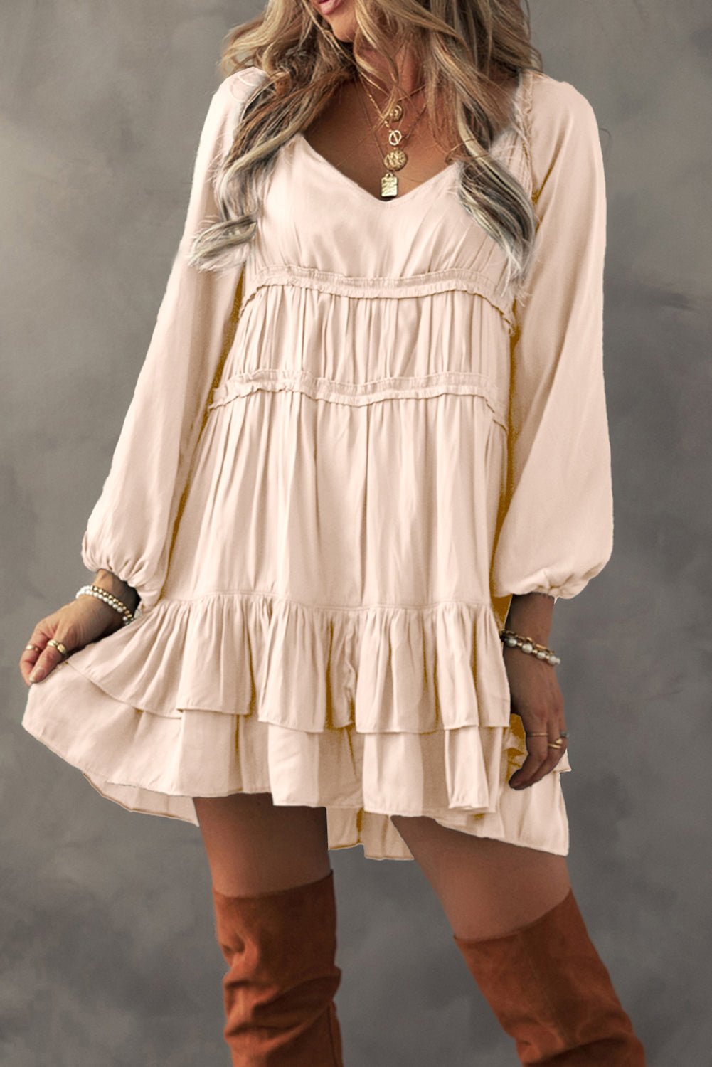 Apricot Tiered Ruffled Puff Sleeve Loose Fit Mini Dress - Bitsy Gypsy Boutique