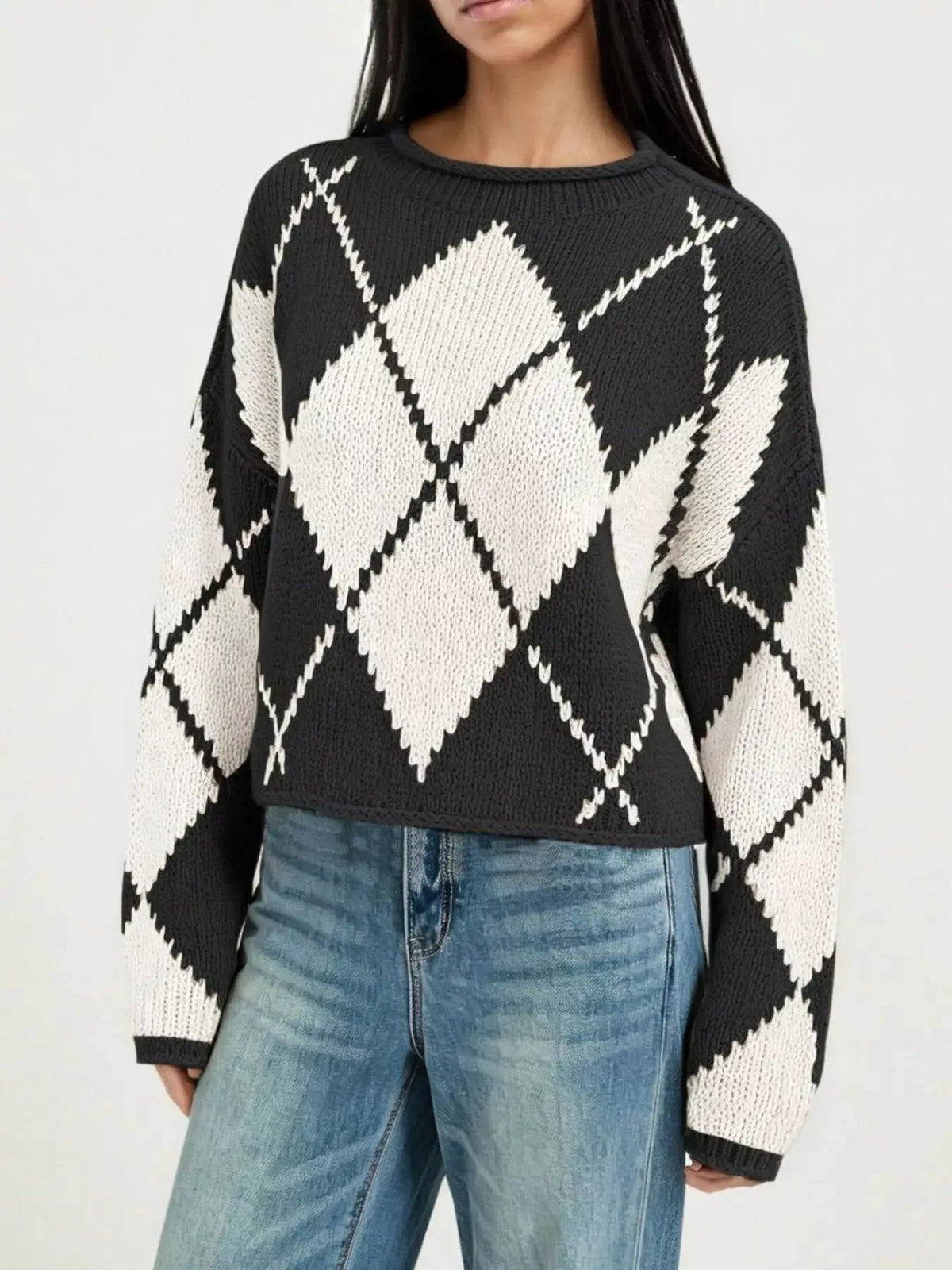 Argyle Pattern Knit Dropped Shoulder Sweater - Bitsy Gypsy Boutique