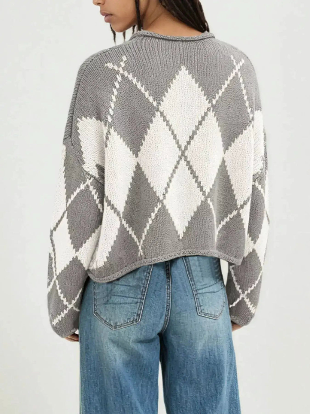 Argyle Pattern Knit Dropped Shoulder Sweater - Bitsy Gypsy Boutique