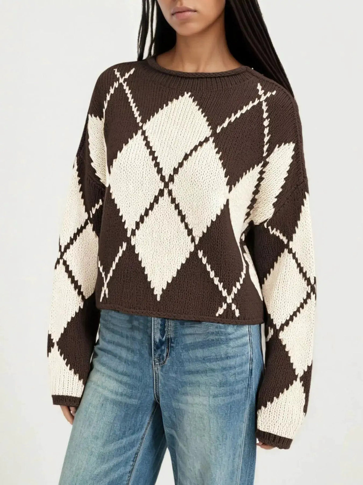 Argyle Pattern Knit Dropped Shoulder Sweater - Bitsy Gypsy Boutique