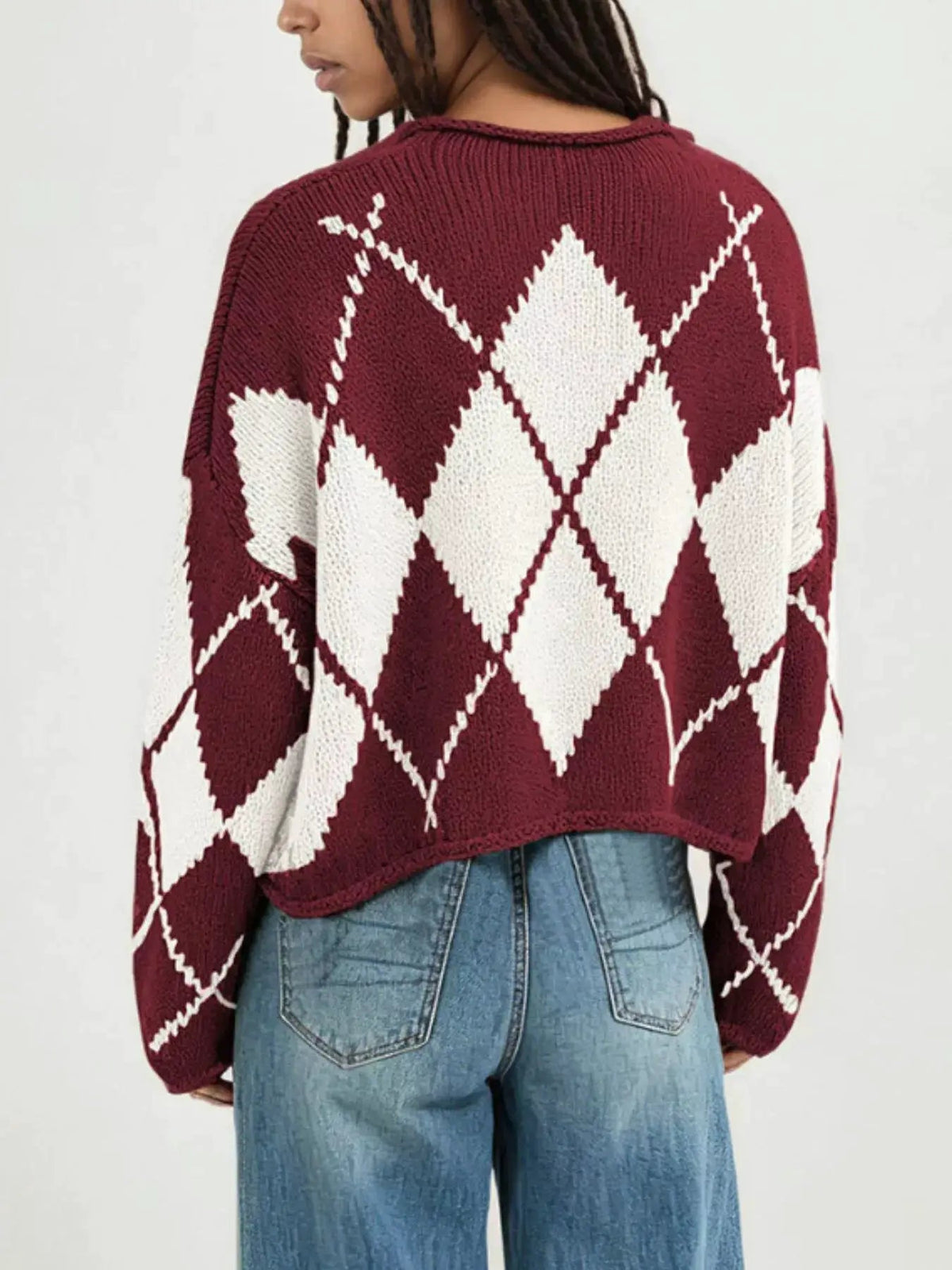 Argyle Pattern Knit Dropped Shoulder Sweater - Bitsy Gypsy Boutique