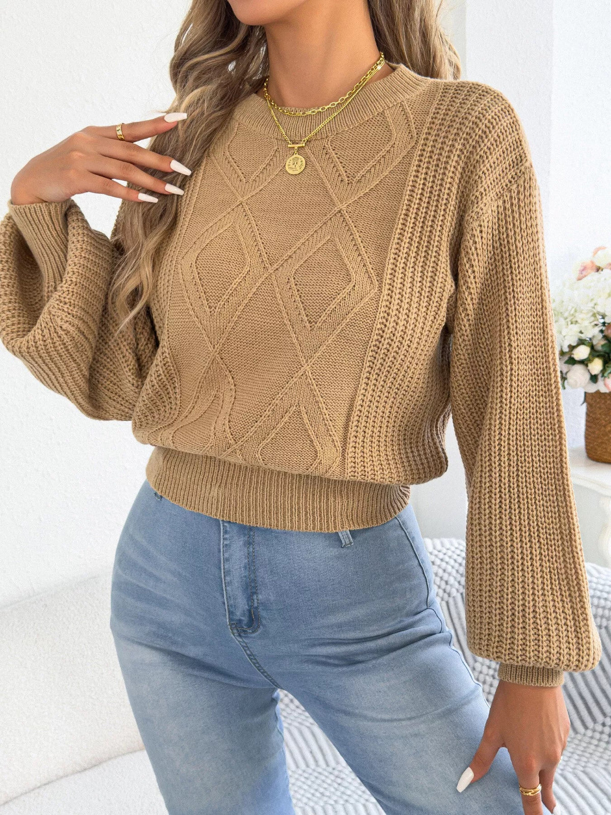Argyle Pattern Lantern Sleeve Knit Sweater - Bitsy Gypsy Boutique