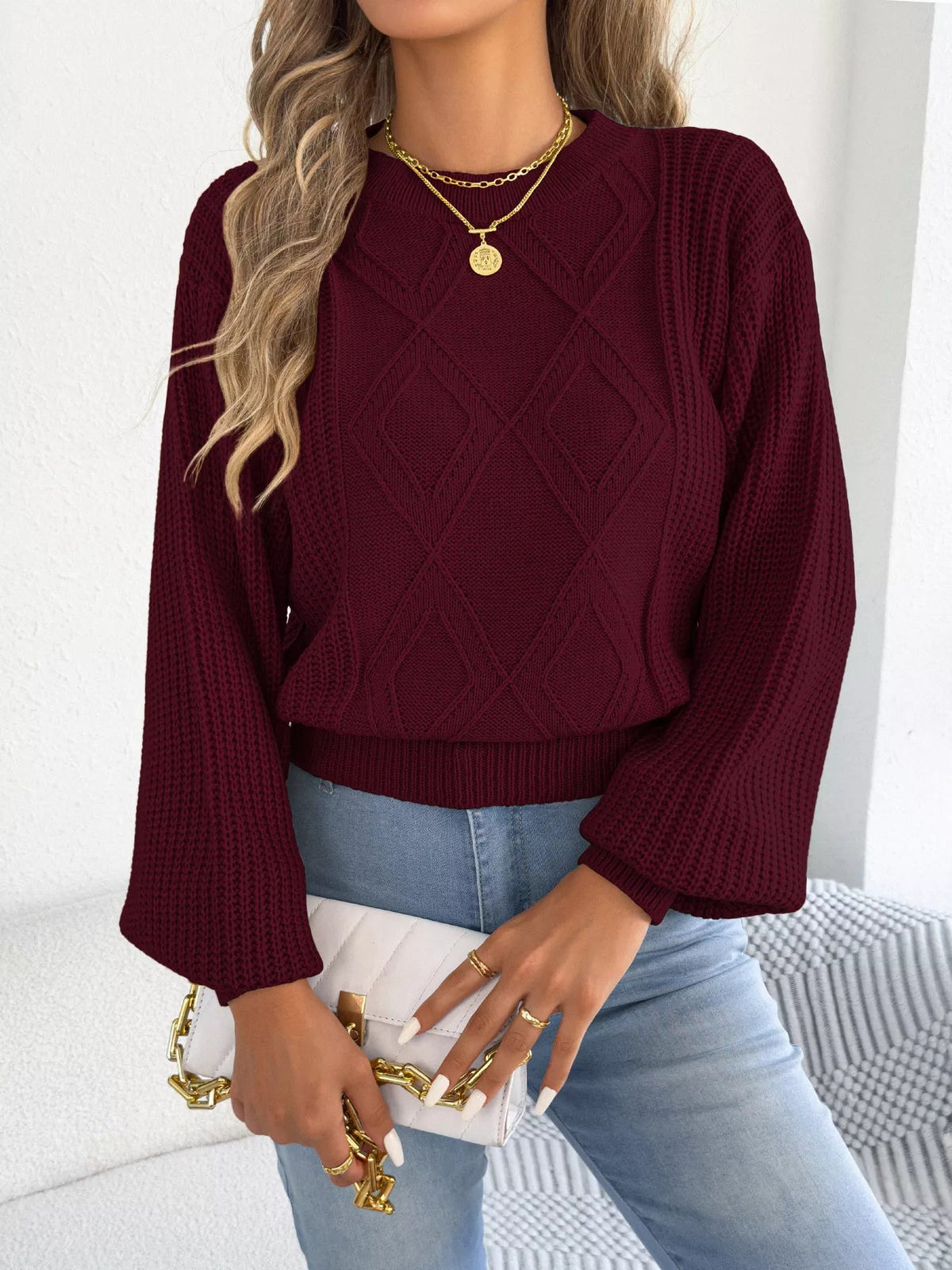Argyle Pattern Lantern Sleeve Knit Sweater - Bitsy Gypsy Boutique