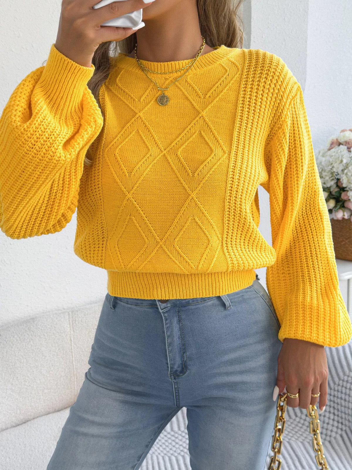 Argyle Pattern Lantern Sleeve Knit Sweater - Bitsy Gypsy Boutique