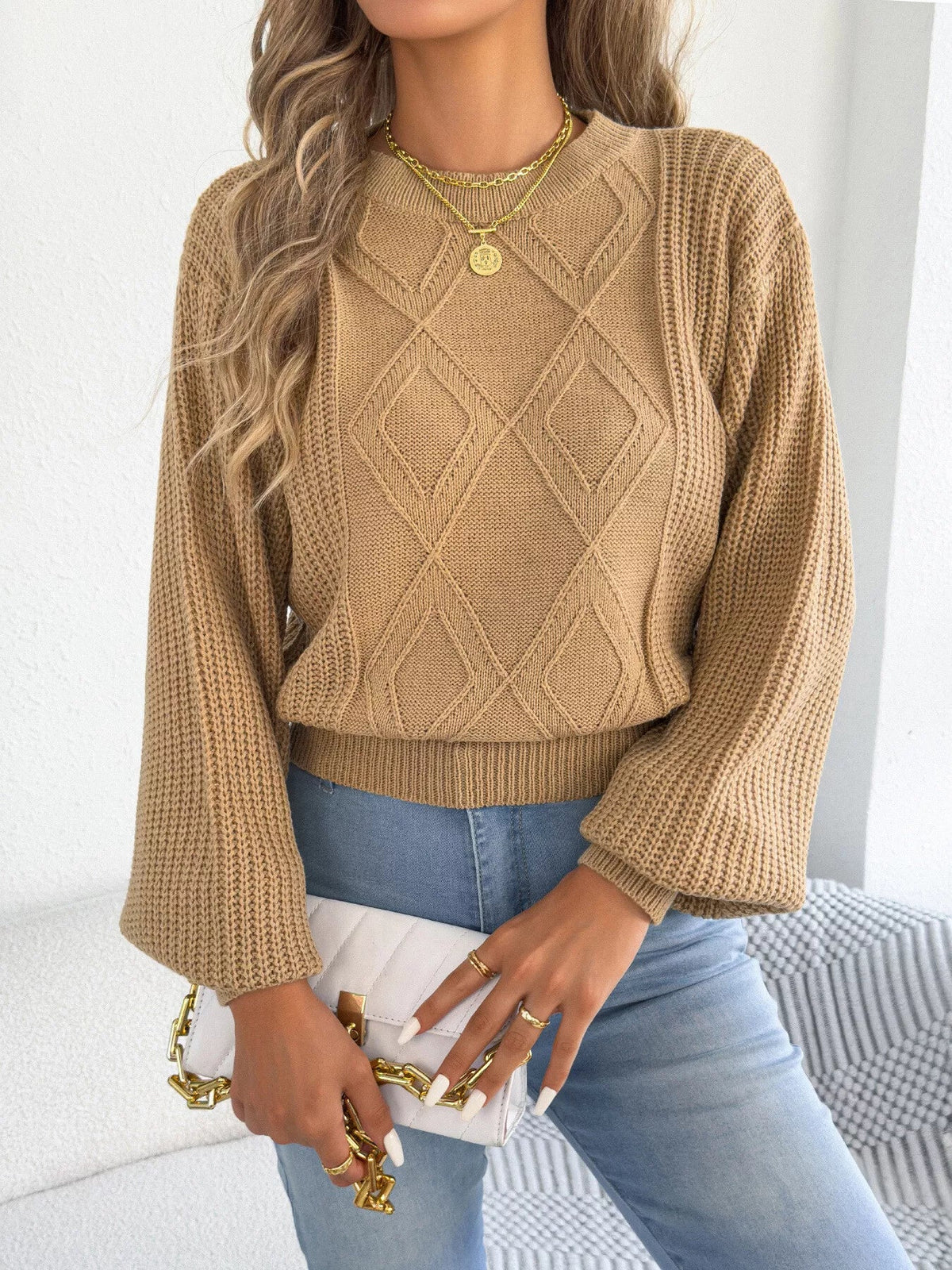 Argyle Pattern Lantern Sleeve Knit Sweater - Bitsy Gypsy Boutique