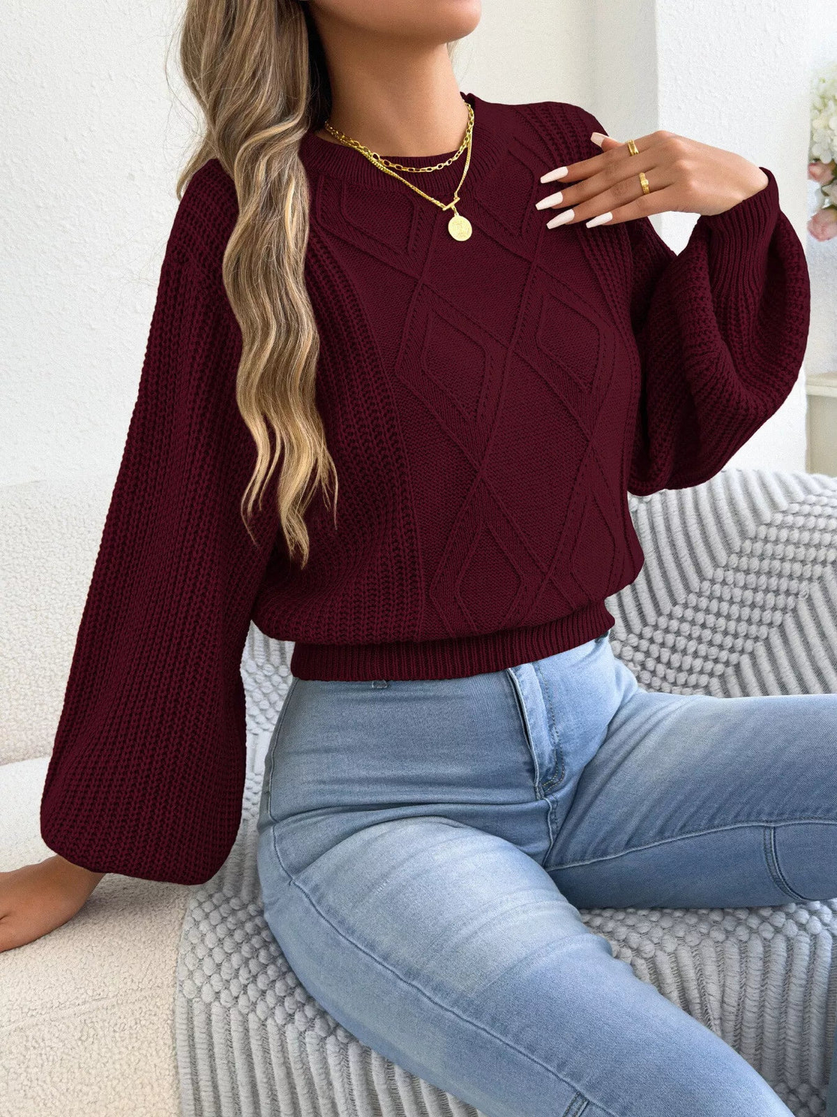 Argyle Pattern Lantern Sleeve Knit Sweater - Bitsy Gypsy Boutique
