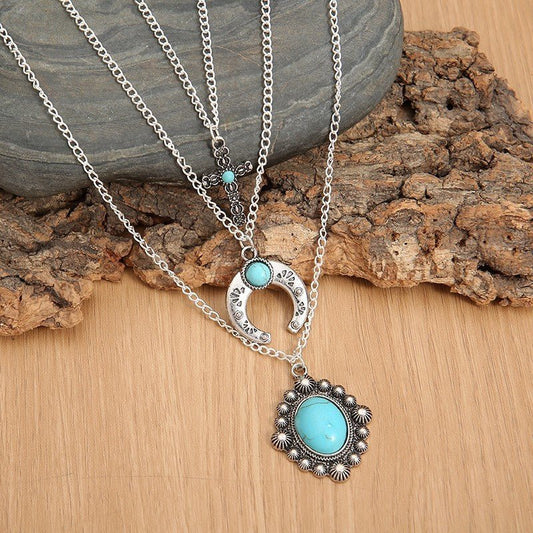 Artificial Turquoise Alloy Three - Layered Necklace - Bitsy Gypsy Boutique