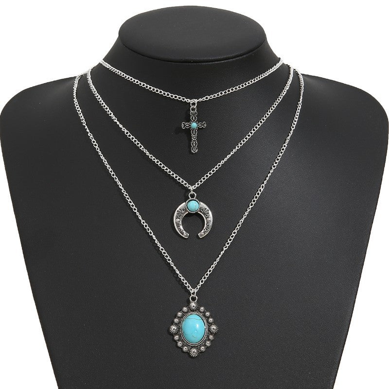 Artificial Turquoise Alloy Three - Layered Necklace - Bitsy Gypsy Boutique