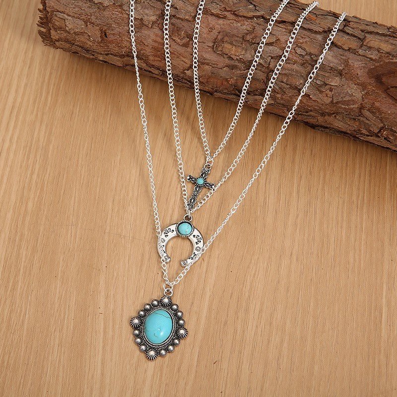 Artificial Turquoise Alloy Three - Layered Necklace - Bitsy Gypsy Boutique