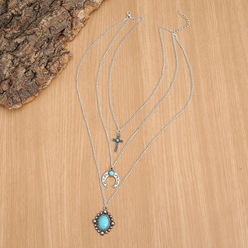 Artificial Turquoise Alloy Three - Layered Necklace - Bitsy Gypsy Boutique