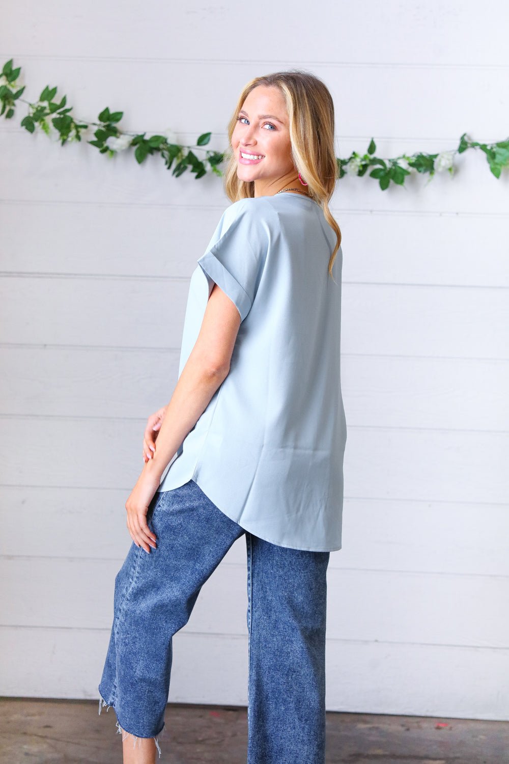 Ash Blue Wool Dobby Rolled Sleeve V Neck Top - Bitsy Gypsy Boutique