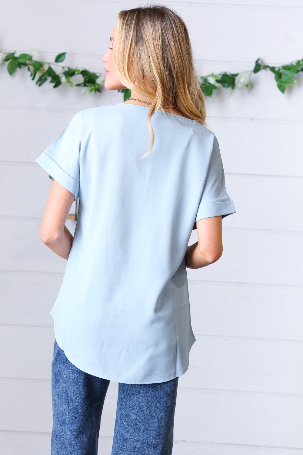 Ash Blue Wool Dobby Rolled Sleeve V Neck Top - Bitsy Gypsy Boutique