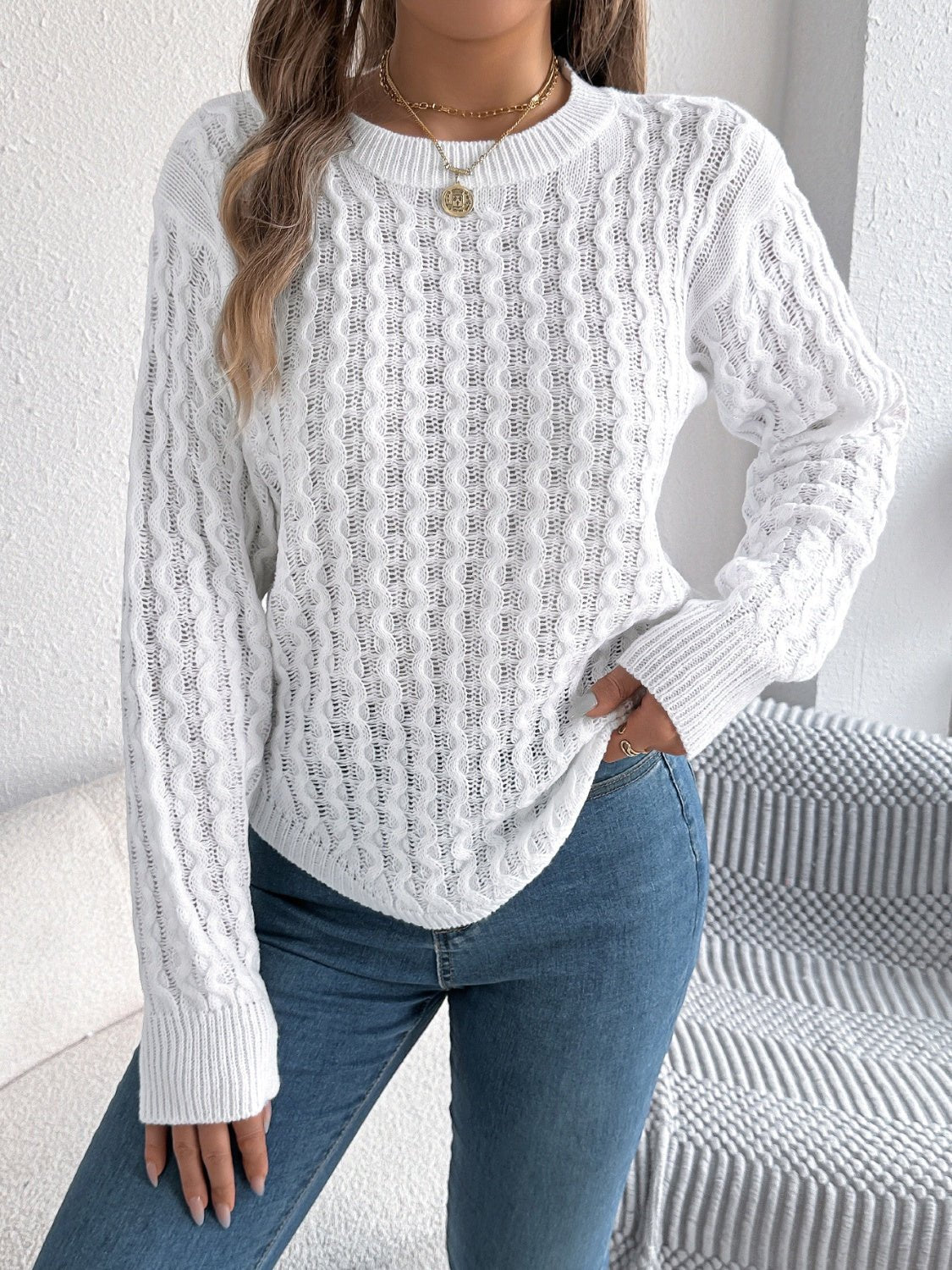 Asymmetric Hem Round Neck Long Sleeve Sweater - Bitsy Gypsy Boutique