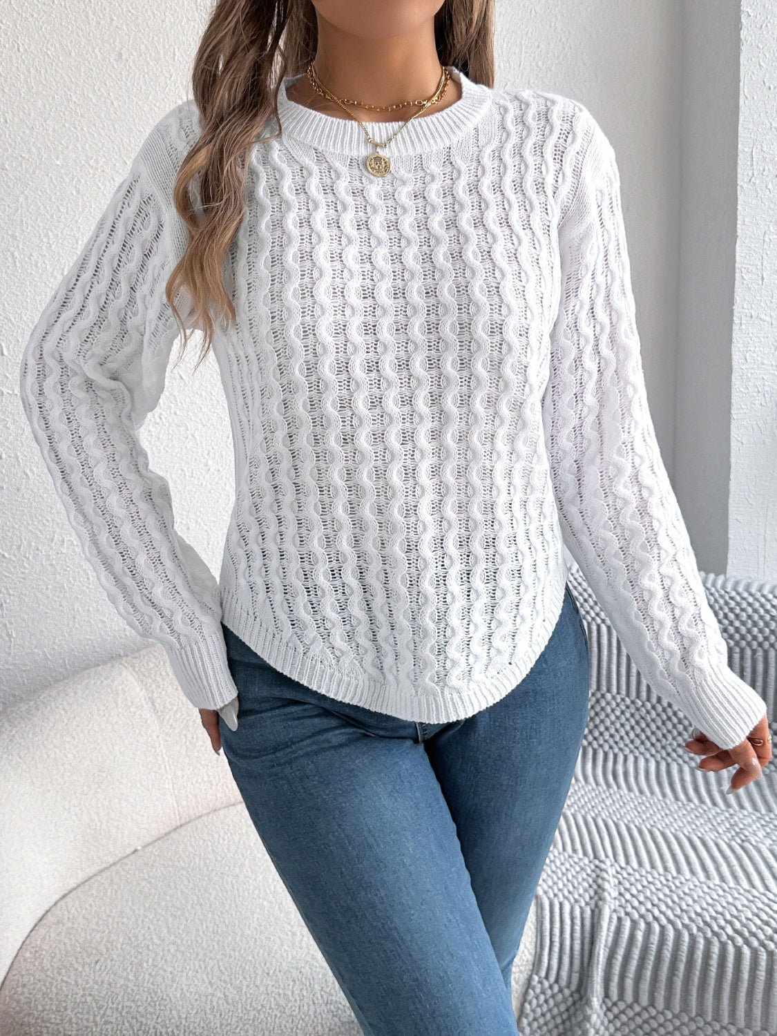 Asymmetric Hem Round Neck Long Sleeve Sweater - Bitsy Gypsy Boutique