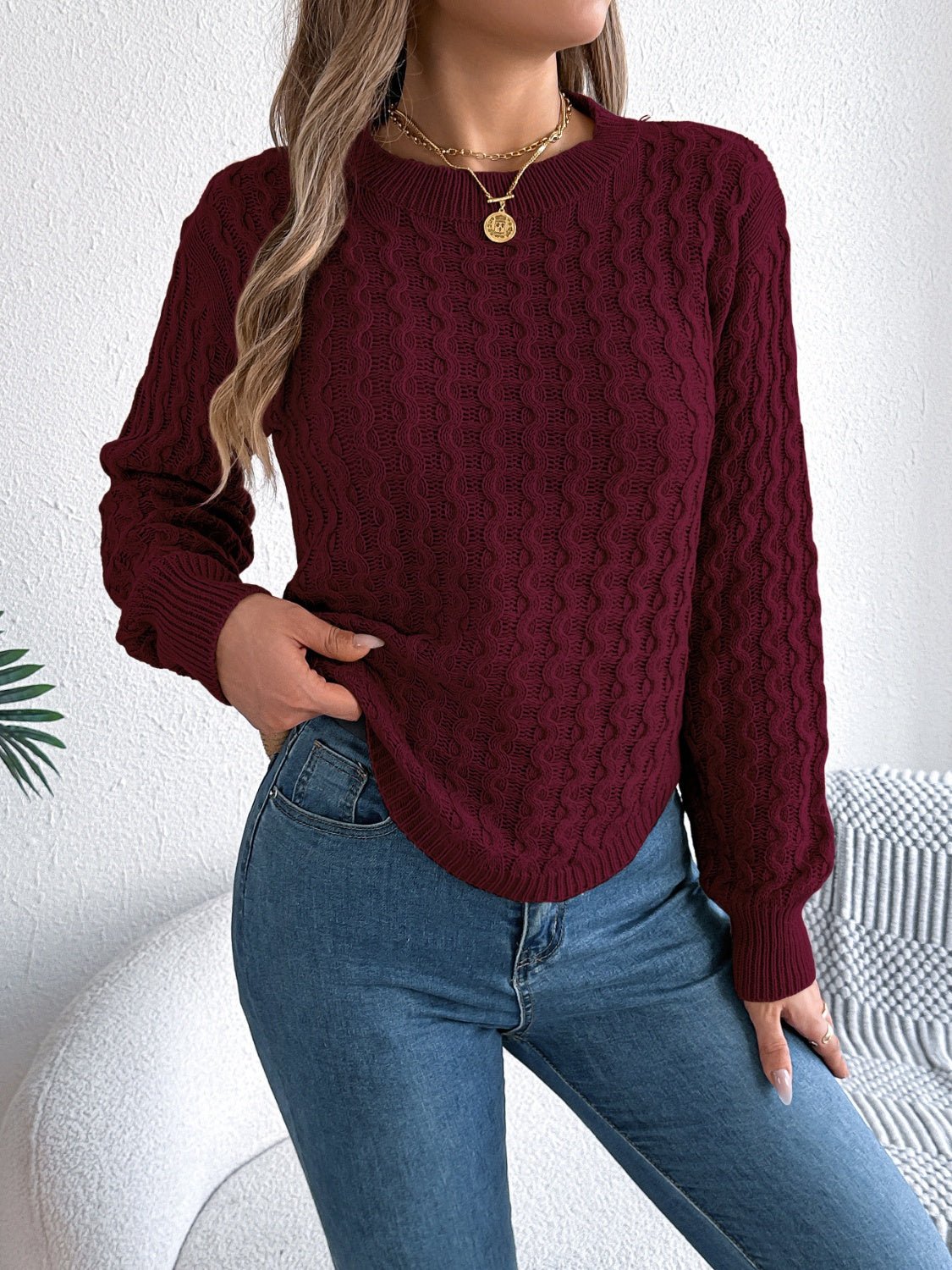 Asymmetric Hem Round Neck Long Sleeve Sweater - Bitsy Gypsy Boutique