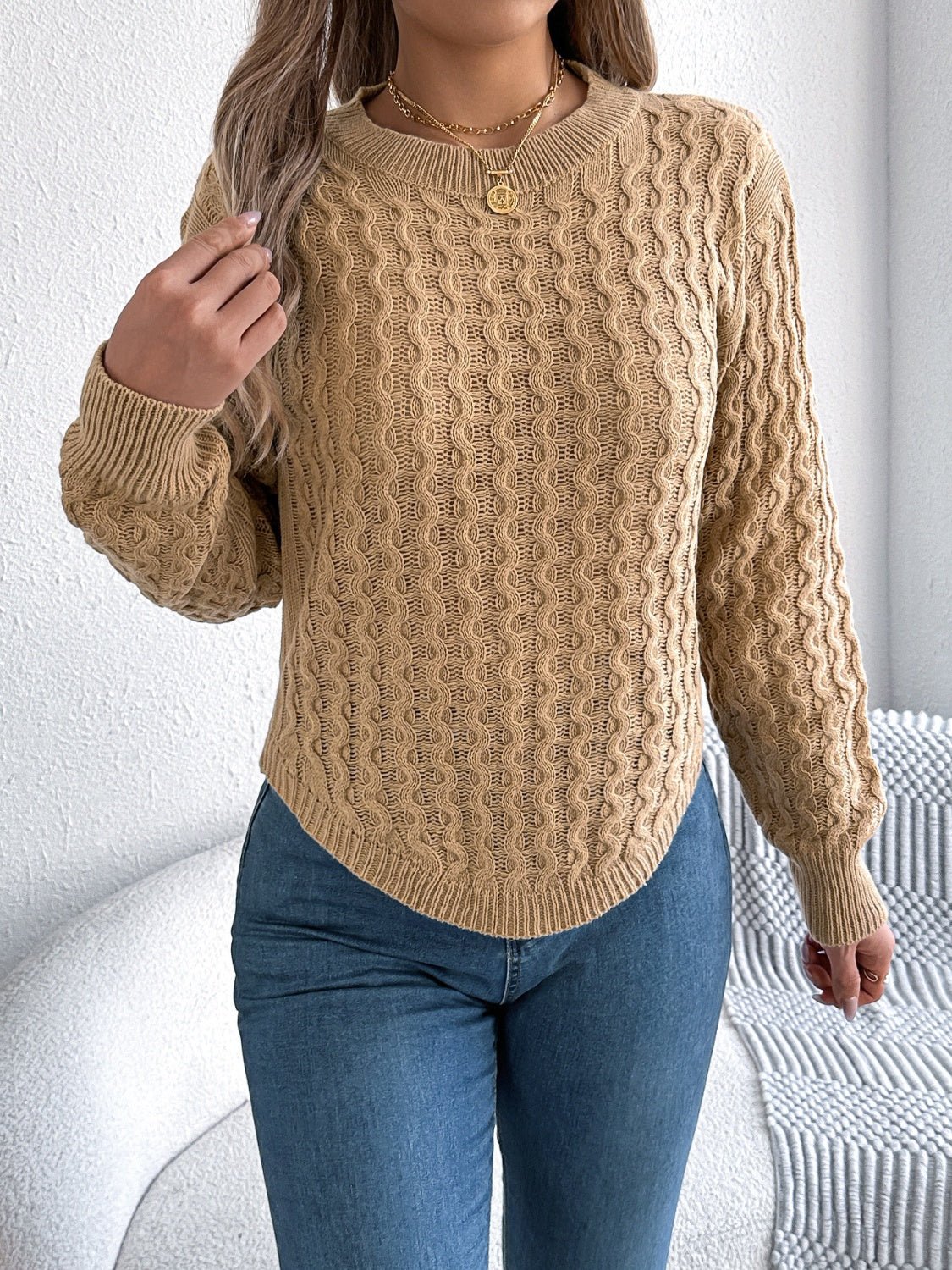 Asymmetric Hem Round Neck Long Sleeve Sweater - Bitsy Gypsy Boutique