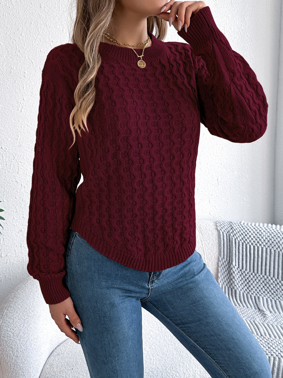 Asymmetric Hem Round Neck Long Sleeve Sweater - Bitsy Gypsy Boutique