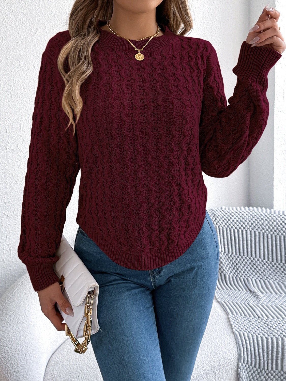 Asymmetric Hem Round Neck Long Sleeve Sweater - Bitsy Gypsy Boutique