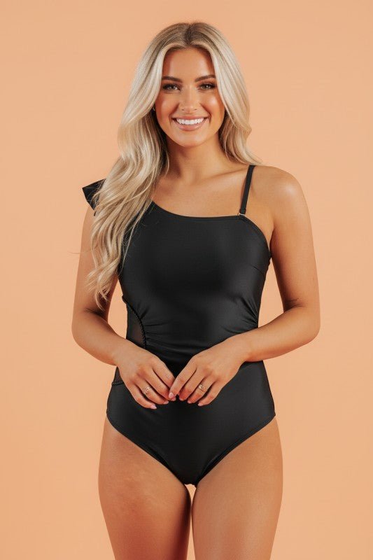 Asymmetric Ruffle Shoulder One Piece Swimsuit - Bitsy Gypsy Boutique