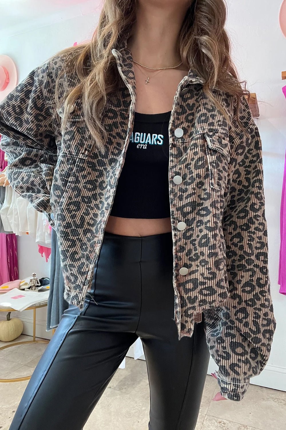 Asymmetrical Hem Collared Neck Leopard Jacket - Bitsy Gypsy Boutique