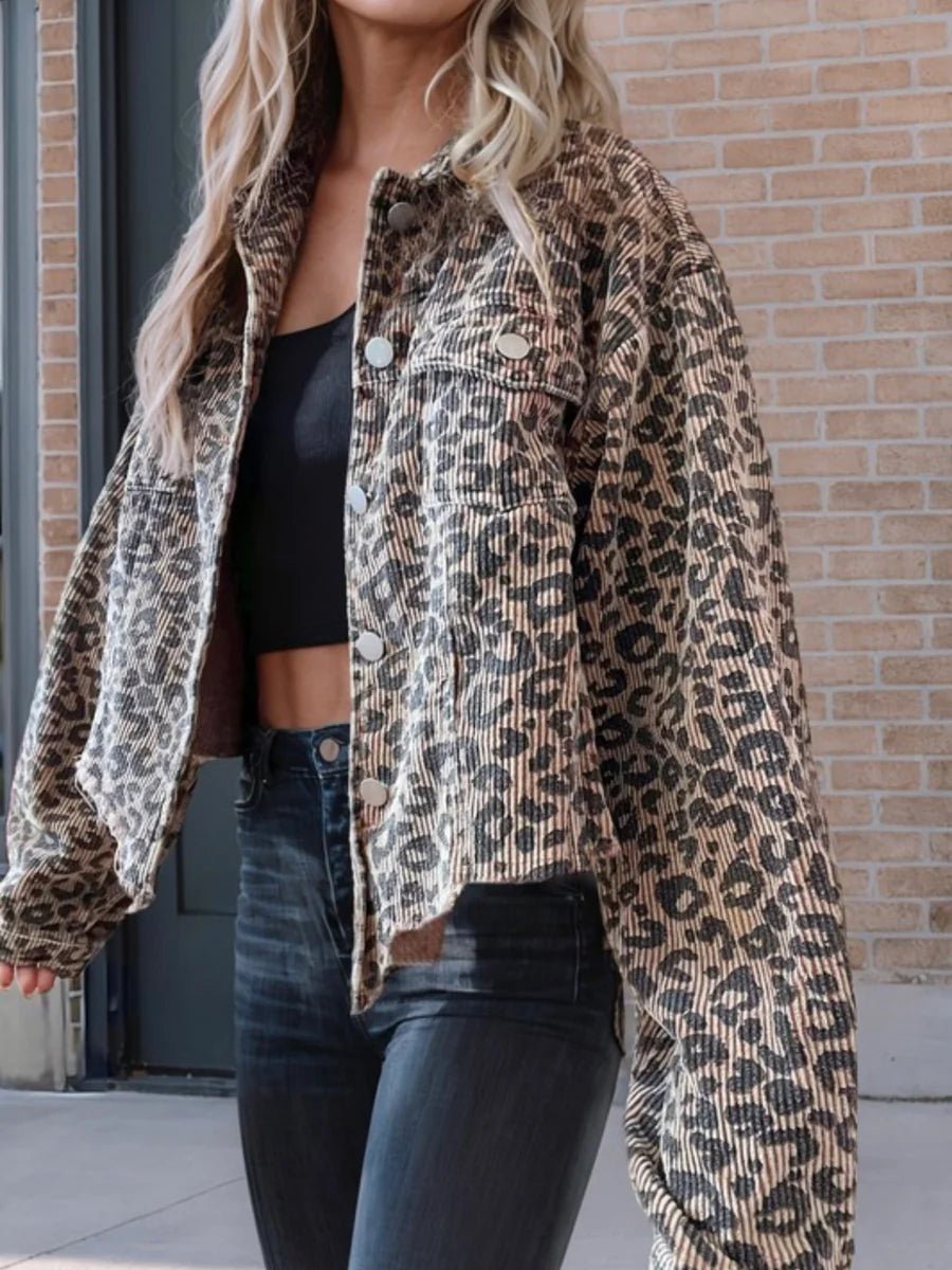 Asymmetrical Hem Collared Neck Leopard Jacket - Bitsy Gypsy Boutique