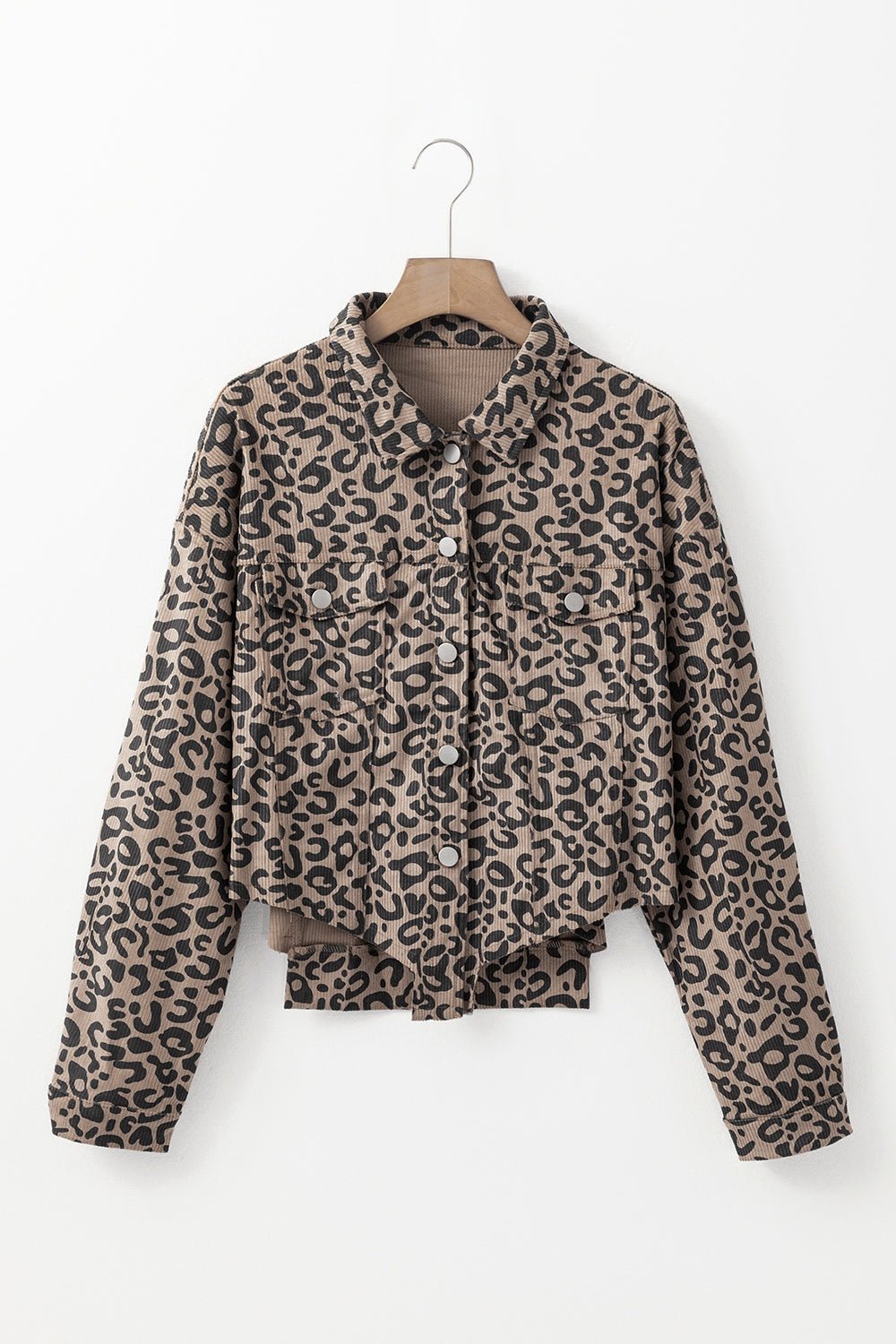 Asymmetrical Hem Collared Neck Leopard Jacket - Bitsy Gypsy Boutique