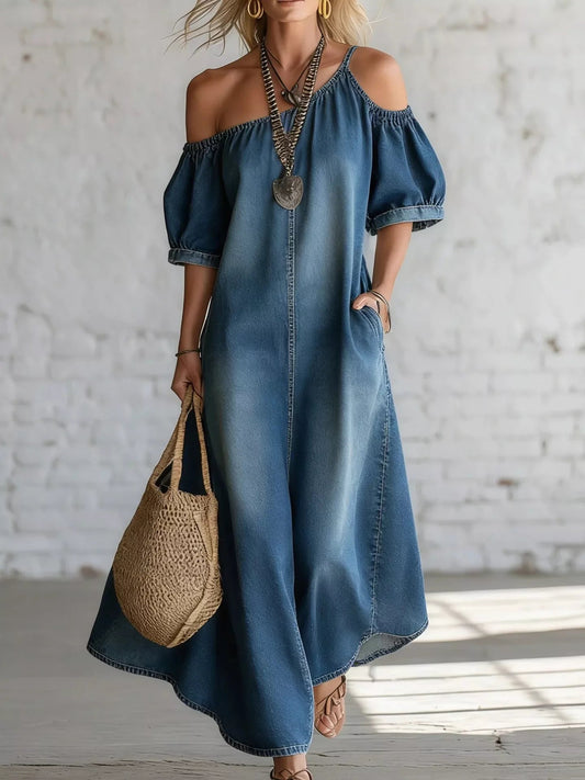 Asymmetrical Neck Denim Maxi Dress with Pockets - Bitsy Gypsy Boutique