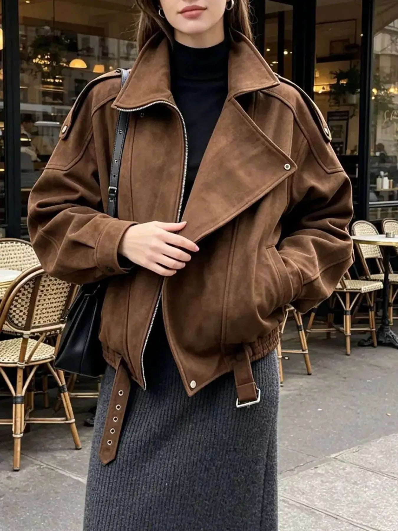 Asymmetrical Zipper Moto Jacket with Belt Detail by Trendsi