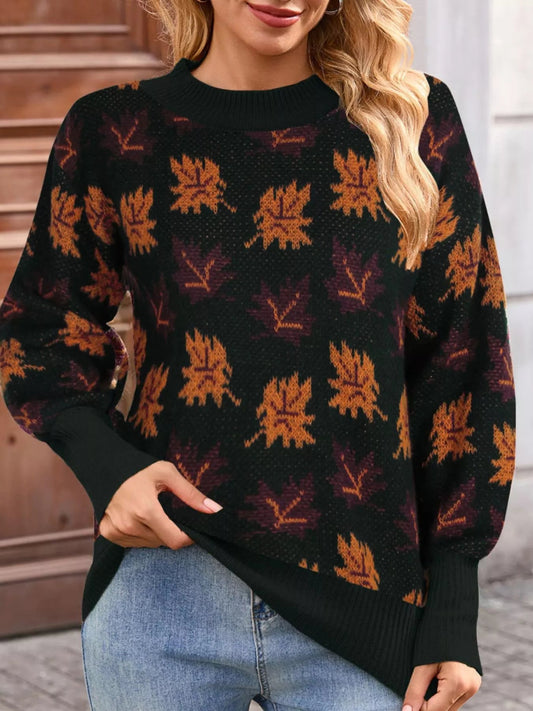 Autumn Leaf Pattern Mock Neck Sweater - Bitsy Gypsy Boutique