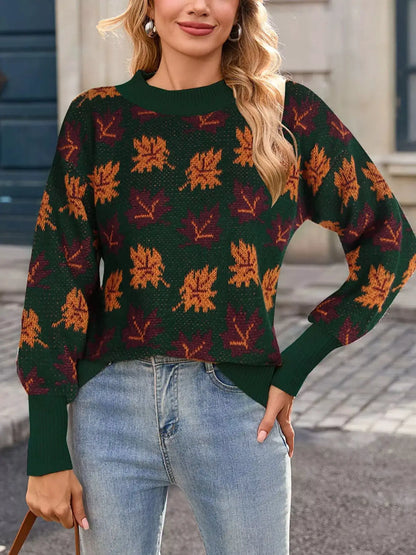 Autumn Leaf Pattern Mock Neck Sweater by Trendsi