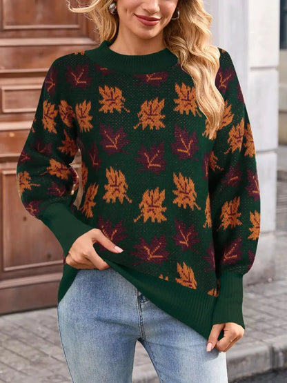 Autumn Leaf Pattern Mock Neck Sweater by Trendsi