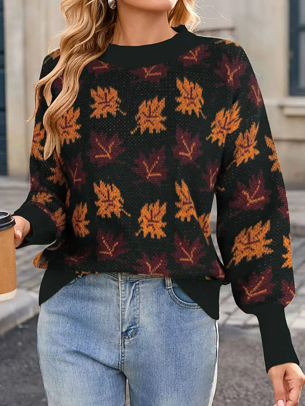 Autumn Leaf Pattern Mock Neck Sweater by Trendsi