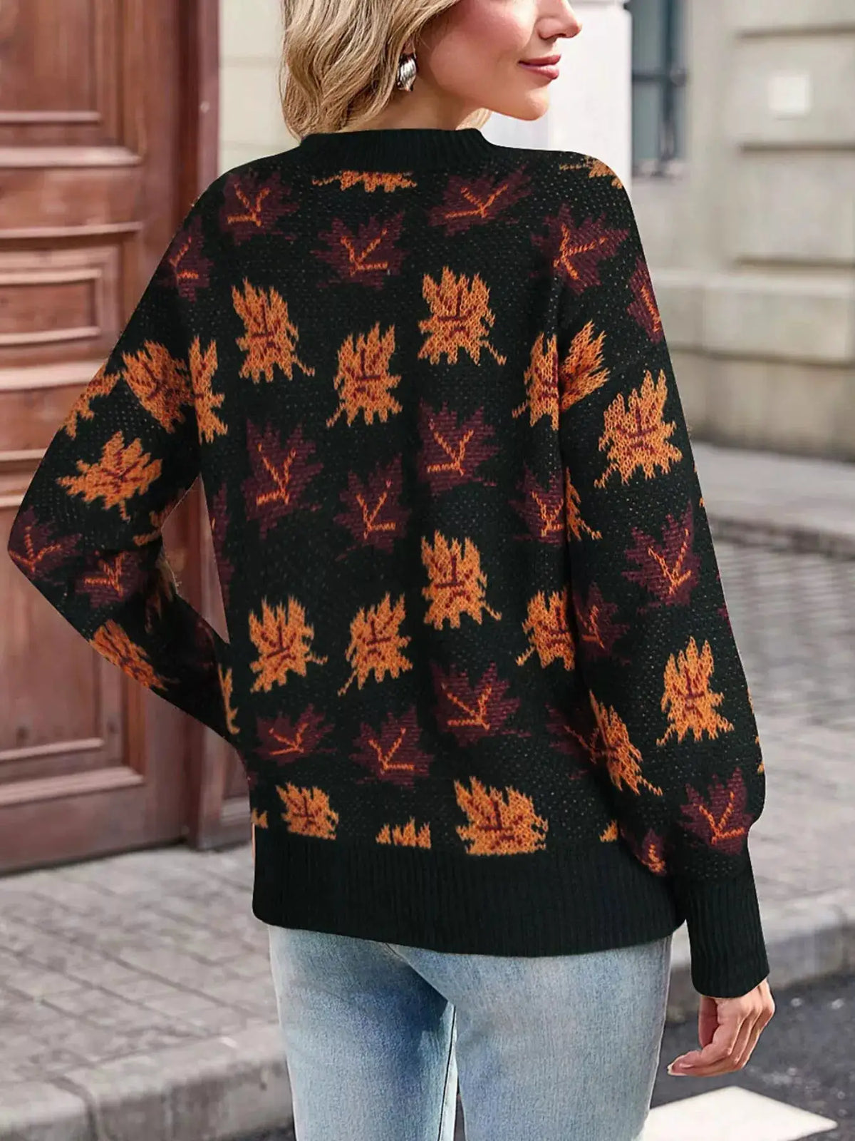 Autumn Leaf Pattern Mock Neck Sweater by Trendsi