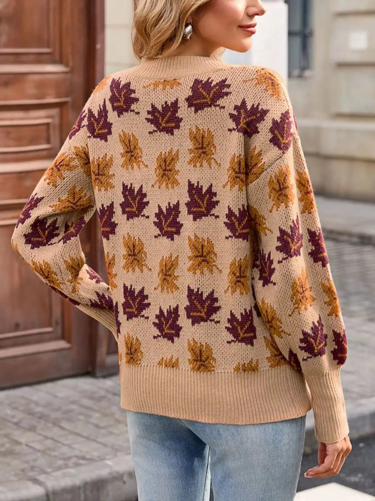 Autumn Leaf Pattern Mock Neck Sweater by Trendsi