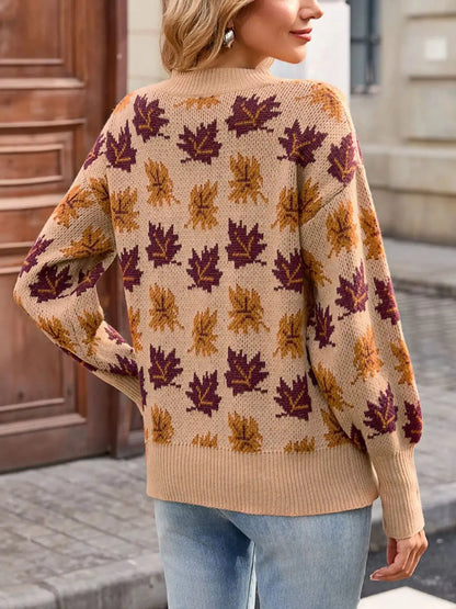 Autumn Leaf Pattern Mock Neck Sweater by Trendsi
