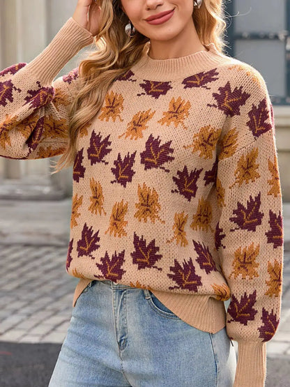 Autumn Leaf Pattern Mock Neck Sweater by Trendsi