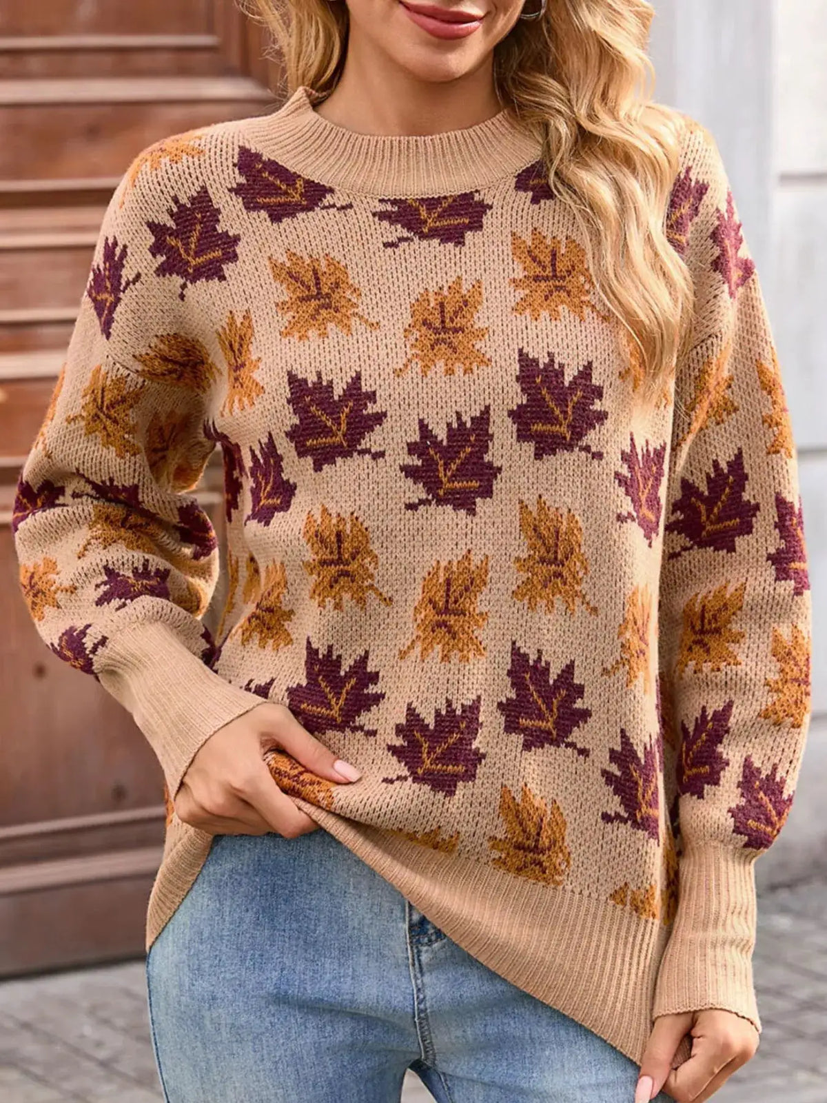 Autumn Leaf Pattern Mock Neck Sweater by Trendsi
