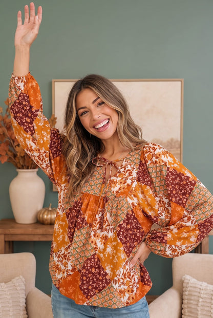 Autumn Patchwork Boho Blouse in Rust - Bitsy Gypsy Boutique