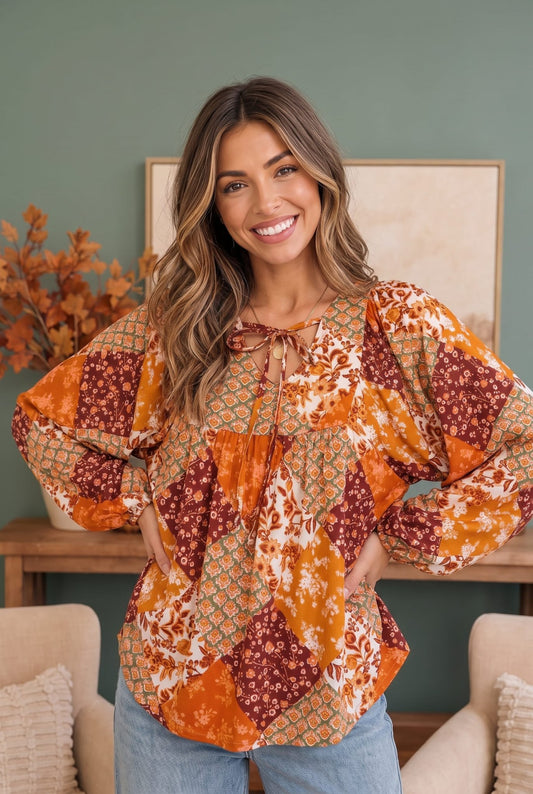 Autumn Patchwork Boho Blouse in Rust - Bitsy Gypsy Boutique