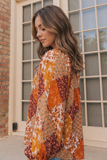 Autumn Patchwork Boho Blouse in Rust - Bitsy Gypsy Boutique