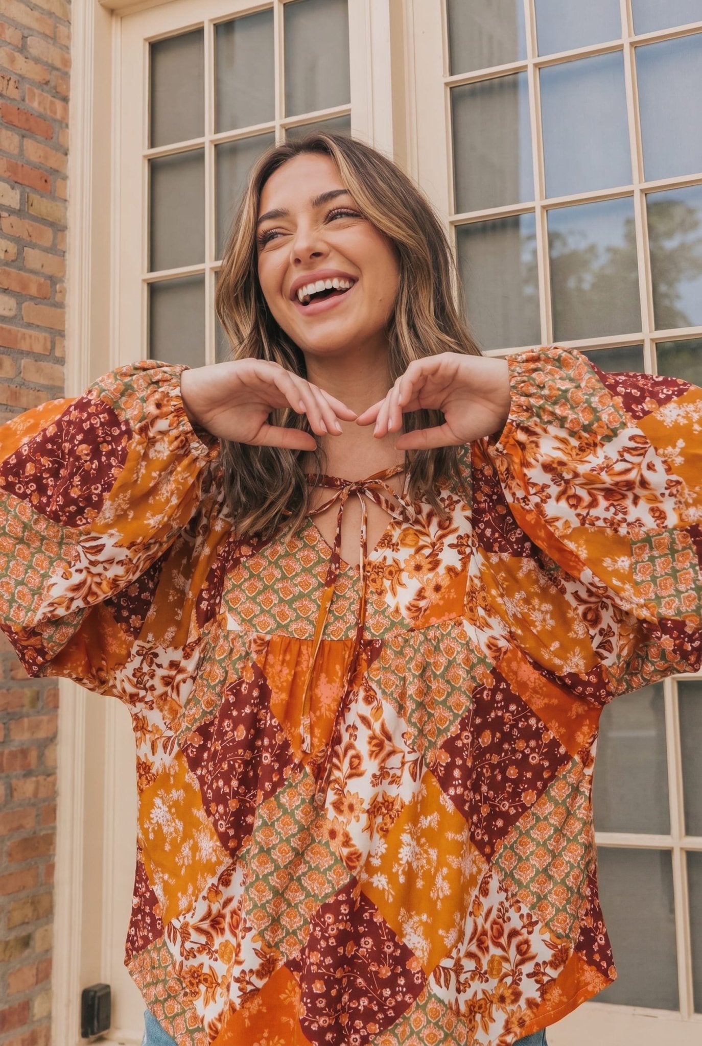 Autumn Patchwork Boho Blouse in Rust - Bitsy Gypsy Boutique