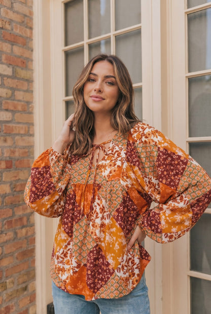 Autumn Patchwork Boho Blouse in Rust - Bitsy Gypsy Boutique