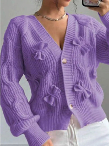 Bow Cable Knit V-Neck Cardigan by Trendsi
