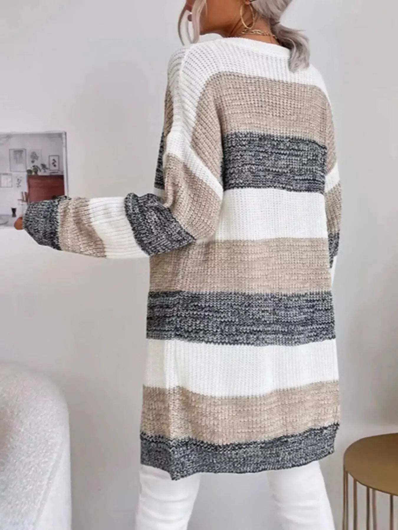 Color Block Striped Open Front Longline Cardigan by Trendsi