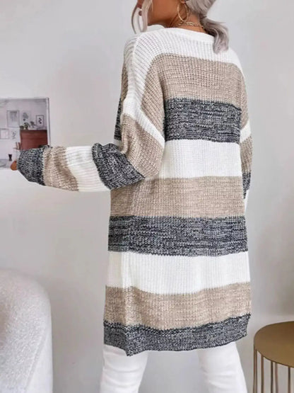 Color Block Striped Open Front Longline Cardigan by Trendsi