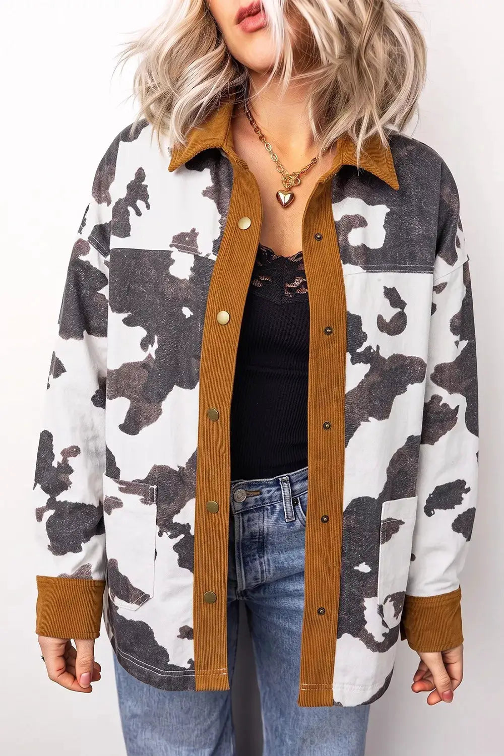 Multicolour Western Cow Print Long Sleeve Button-Up Denim Jacket by Trendsi