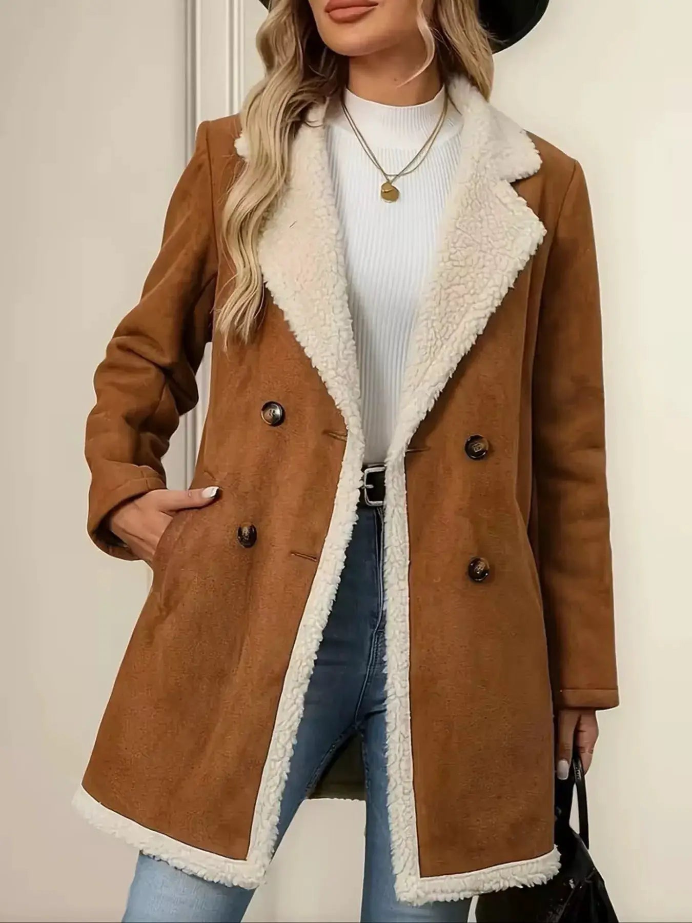 Double-Breasted Suede Outerwear by Trendsi